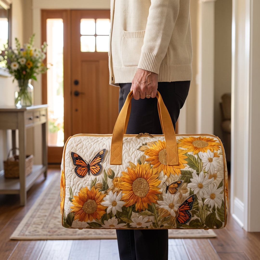 Bright Fields Quilted Duffle Bag — in use