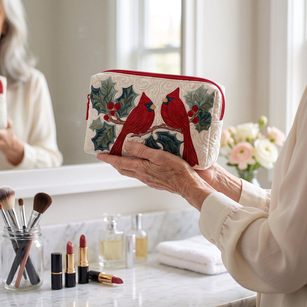 Red Feather Quilted Makeup Bag — in use