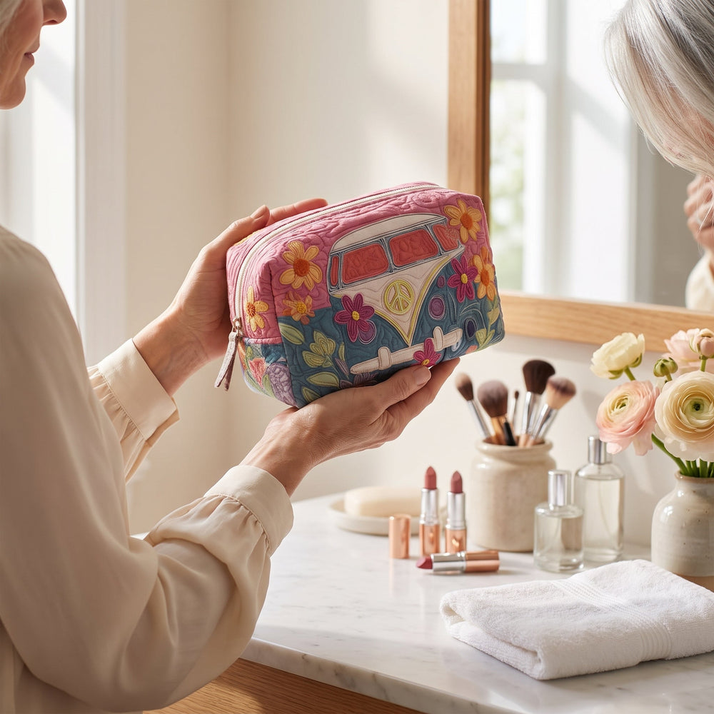 Retro Bloom Journey Quilted Makeup Bag — in use