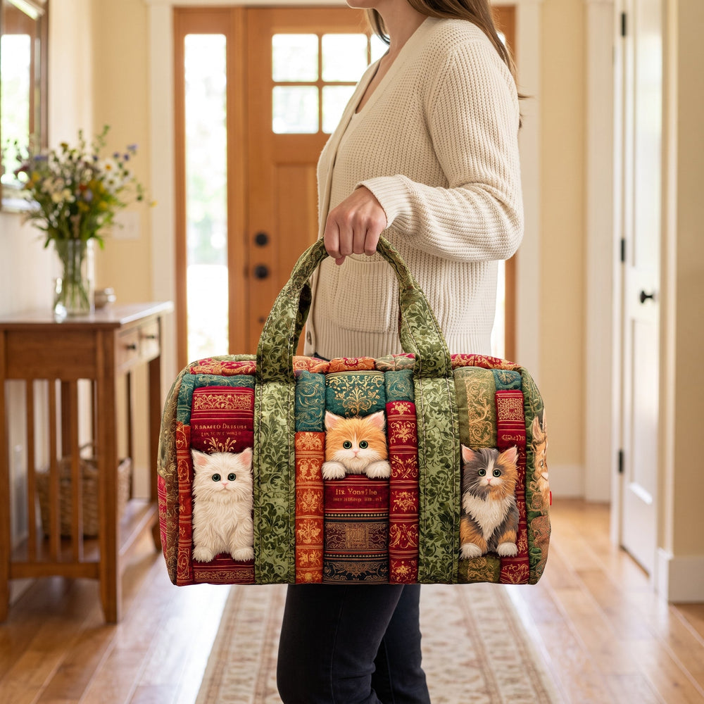 Cat Chapter Quilted Duffle Bag — in use
