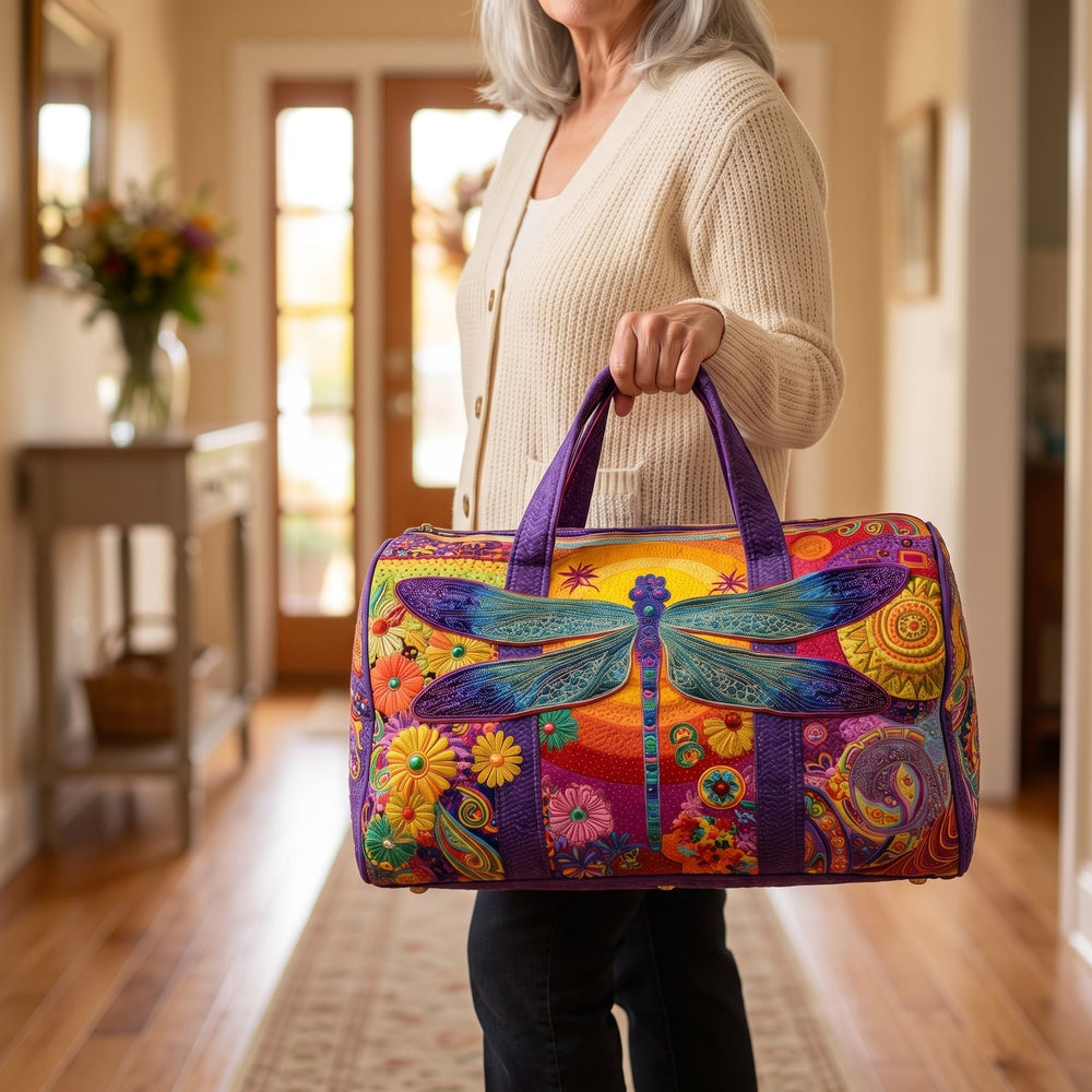 Silken Skies Quilted Duffle Bag — in use