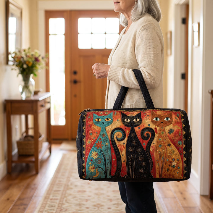 Enchanted Cats Trio Quilted Duffle Bag — in use
