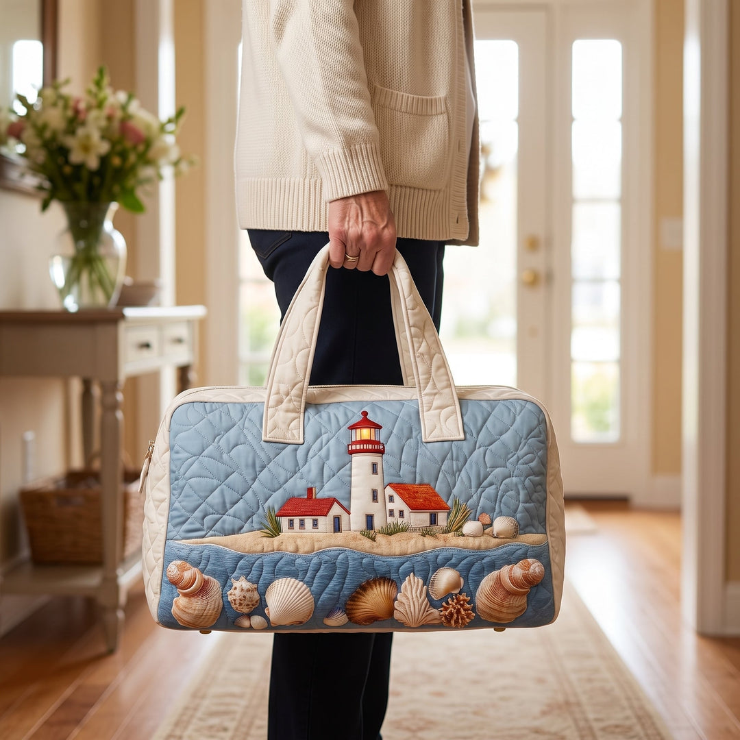 Seaside Glow Quilted Duffle Bag — in use
