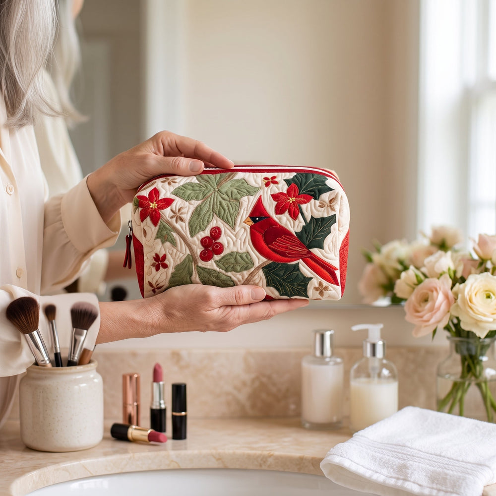 Holly Cardinal Quilted Makeup Bag — in use