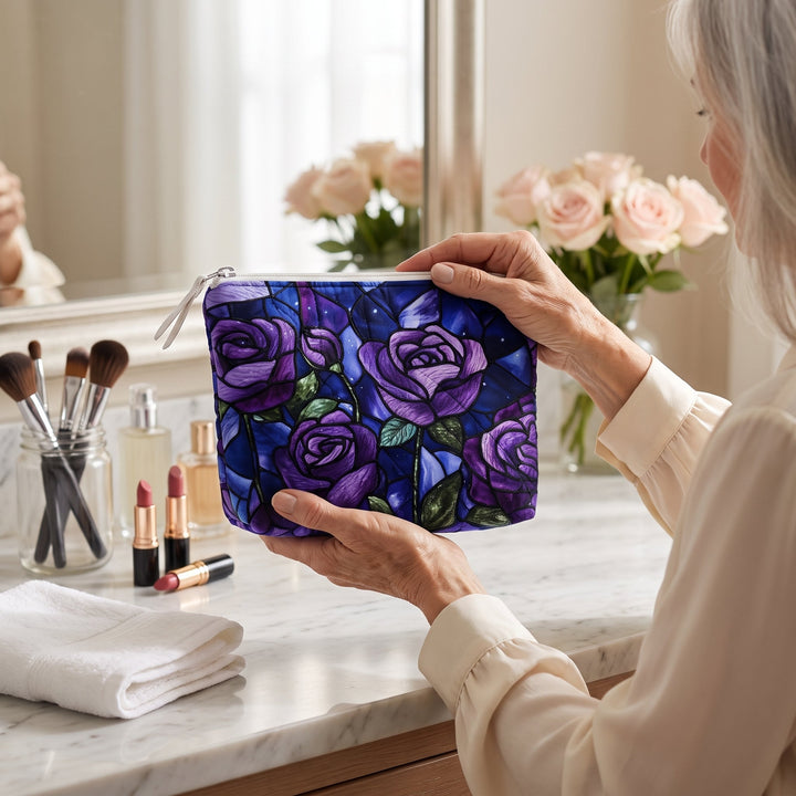 Midnight Rose Quilted Makeup Bag — in use