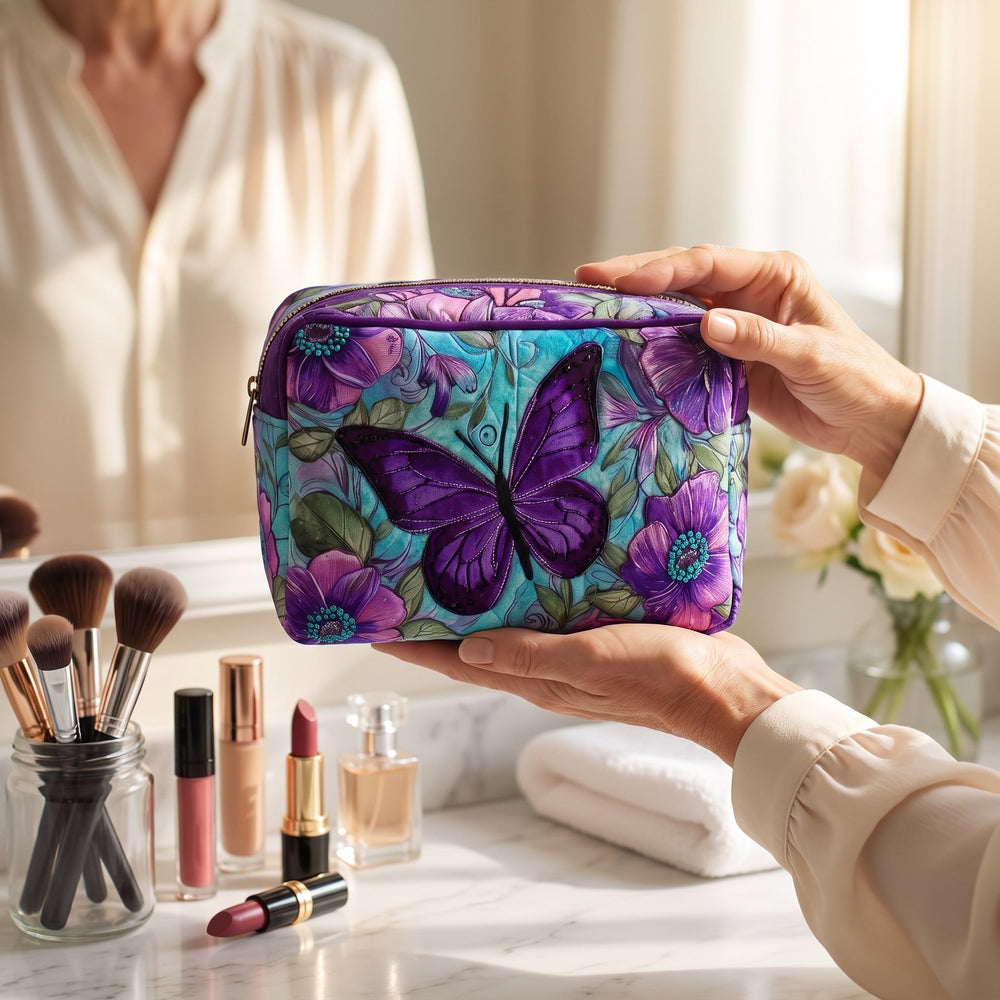 Butterfly Bloom Quilted Makeup Bag — in use