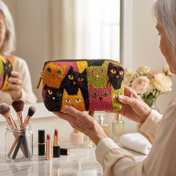 Cat Garden Quilted Makeup Bag — in use