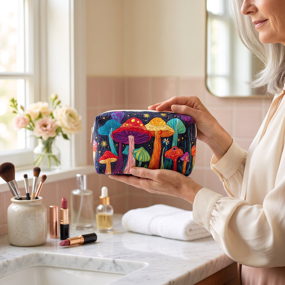 Groovy Shroom Quilted Makeup Bag — in use