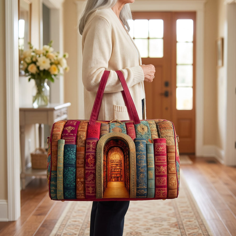 Hidden Library Quilted Duffle Bag — in use