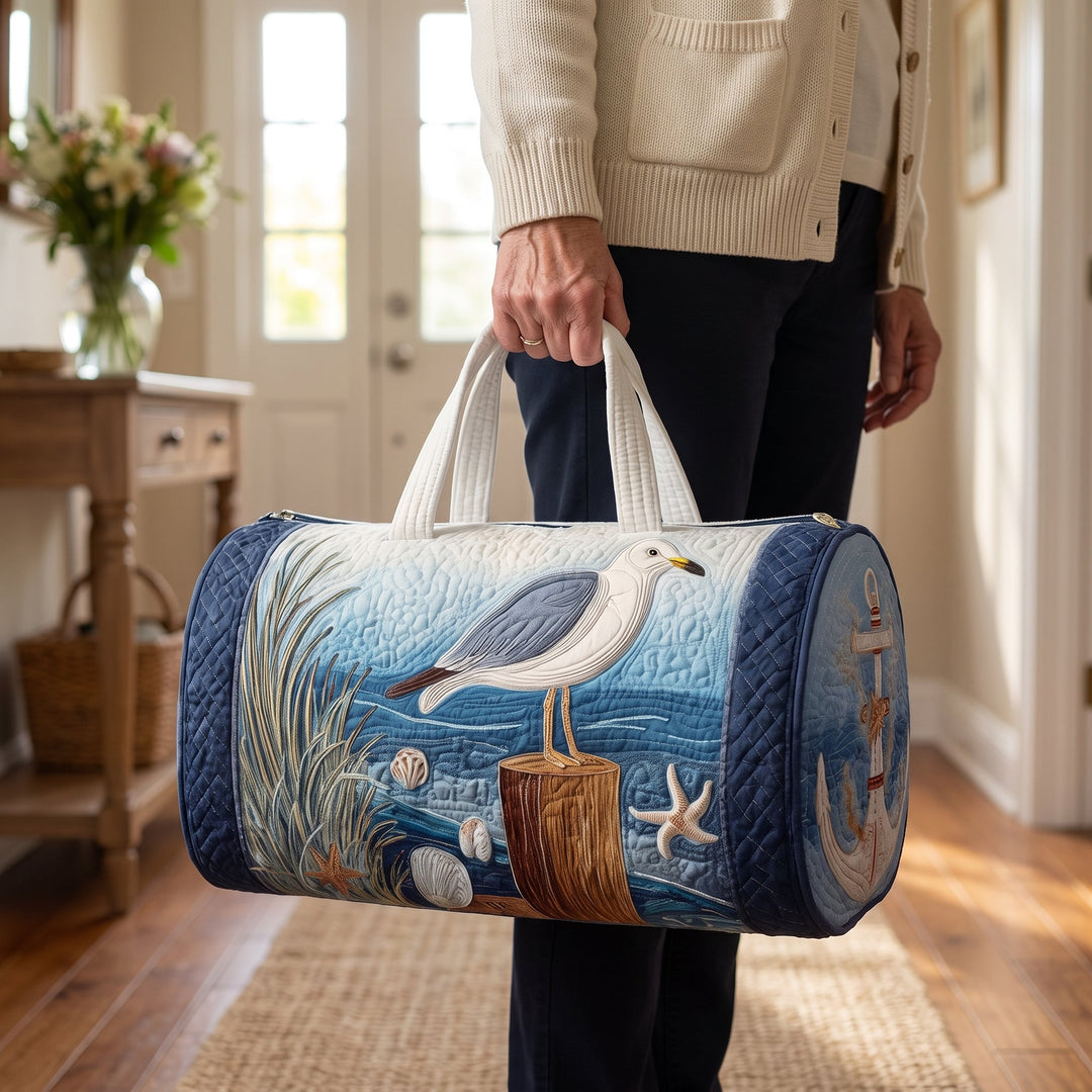 Coastal Gull Quilted Duffle Bag — in use