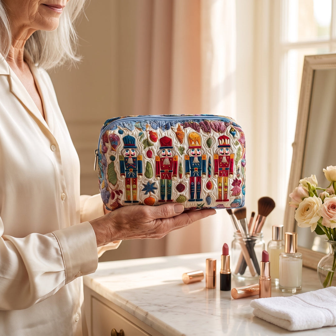 Nutcracker Glow Quilted Makeup Bag — in use
