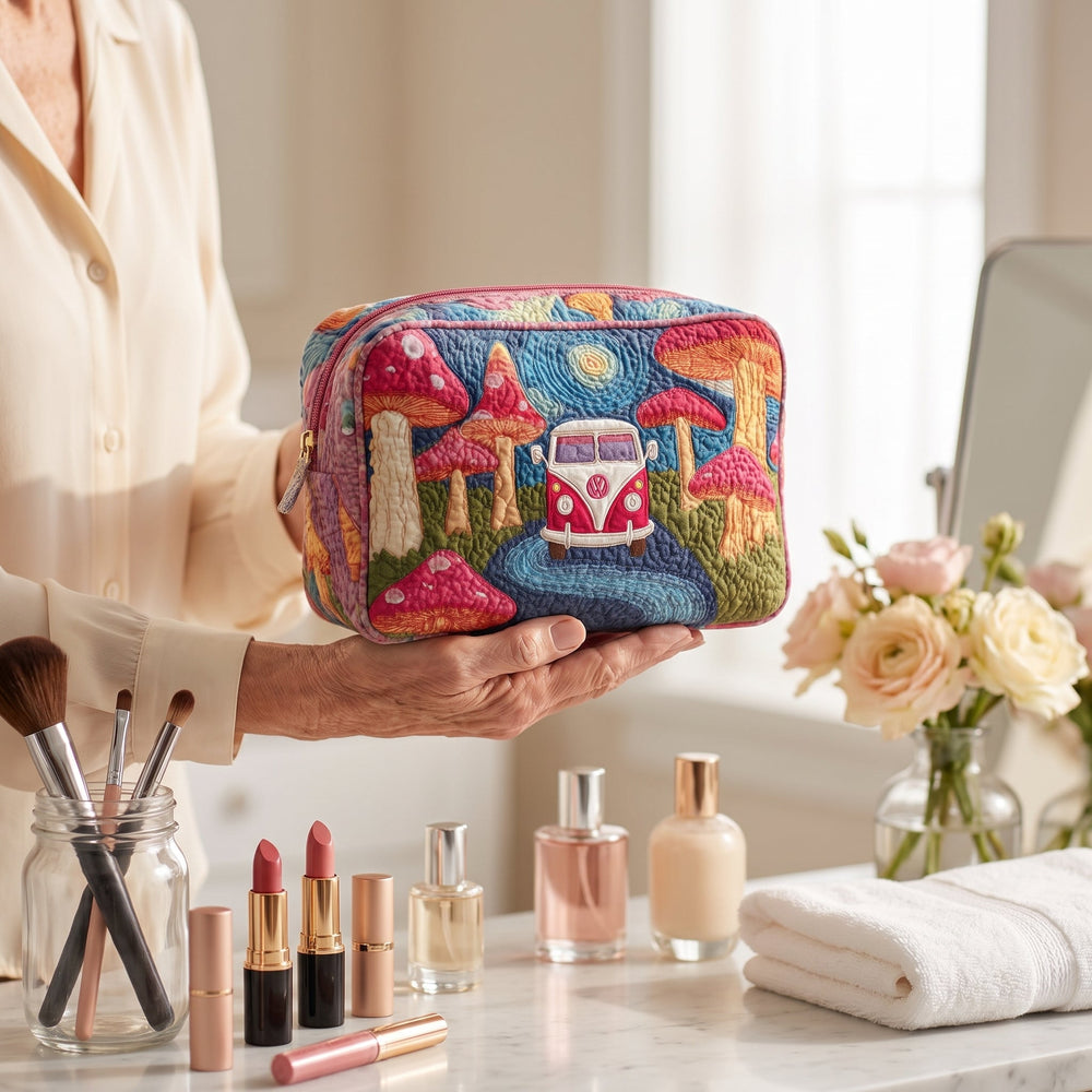 Cosmic Hippie Dream Quilted Makeup Bag — in use