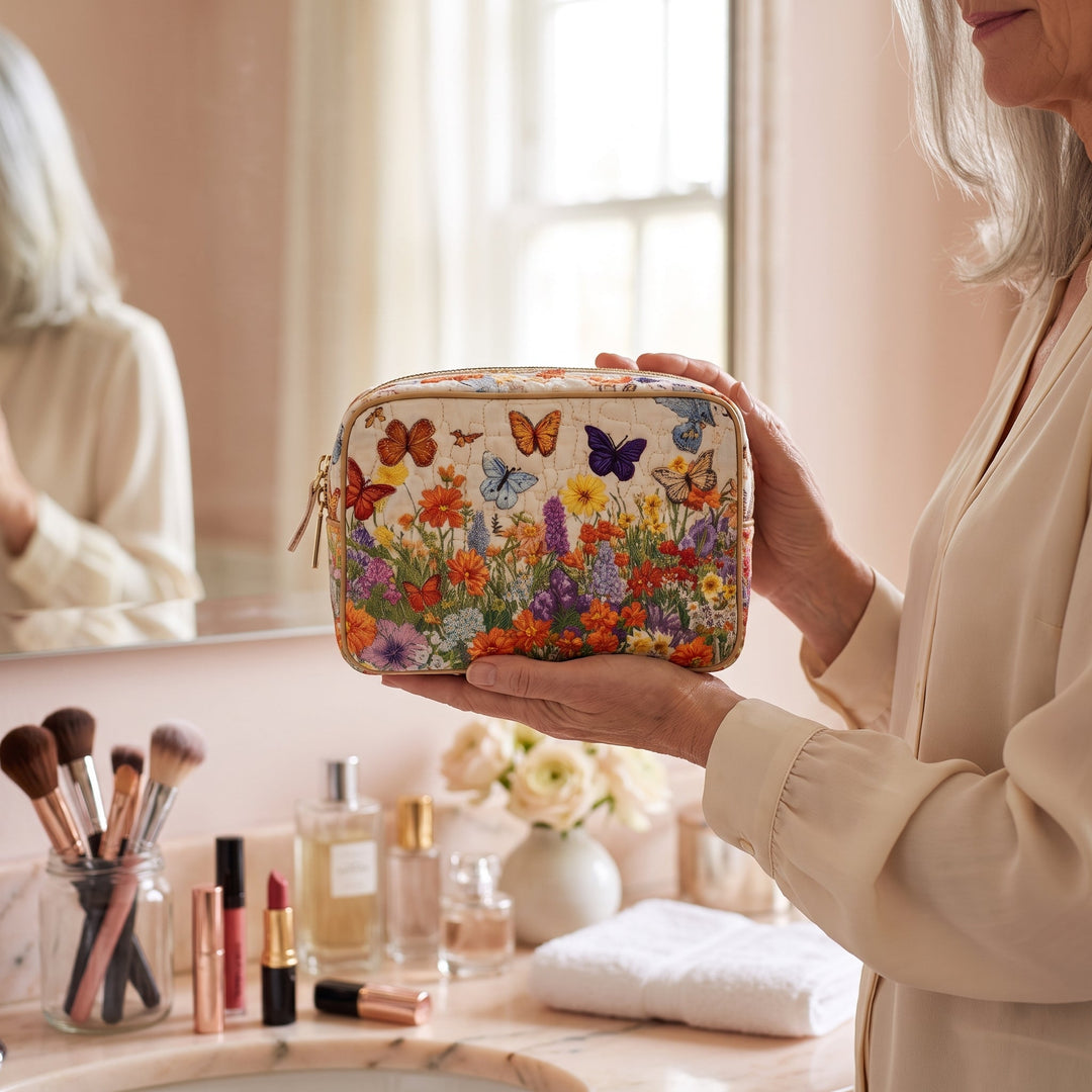 Bloom Garden Quilted Makeup Bag — in use