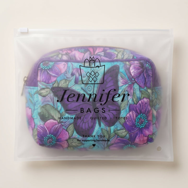 Butterfly Bloom Quilted Makeup Bag — packaged in its Jennifer Bags pouch