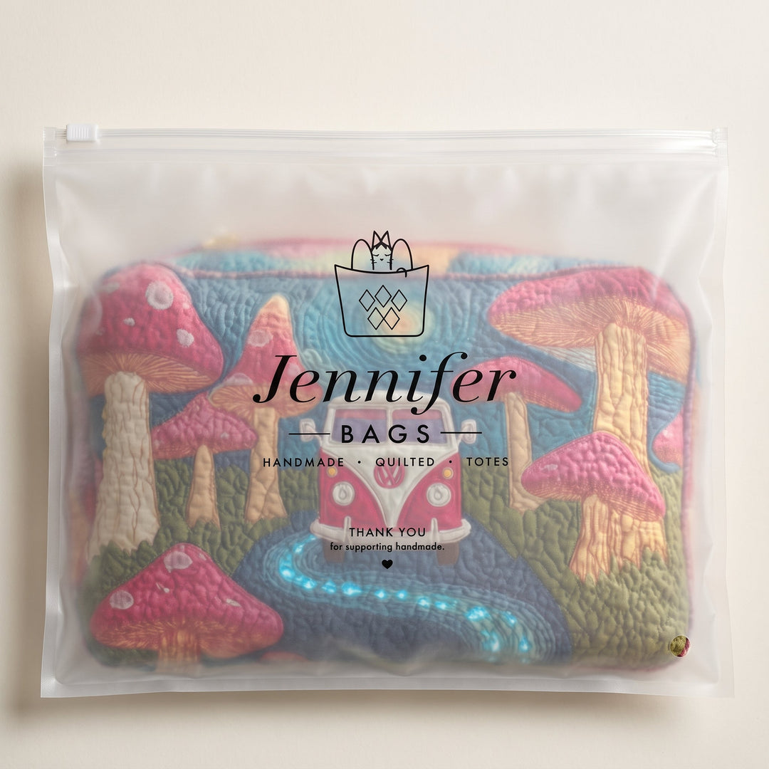 Cosmic Hippie Dream Quilted Makeup Bag — packaged in its Jennifer Bags pouch