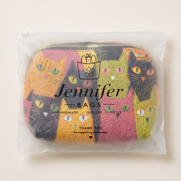 Cat Garden Quilted Makeup Bag — packaged in its Jennifer Bags pouch