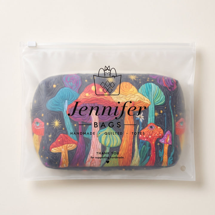 Groovy Shroom Quilted Makeup Bag — packaged in its Jennifer Bags pouch