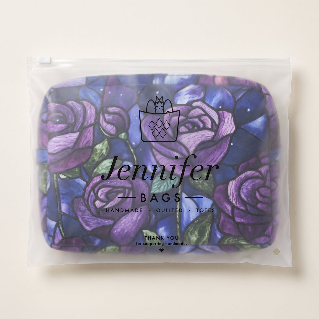 Midnight Rose Quilted Makeup Bag — packaged in its Jennifer Bags pouch