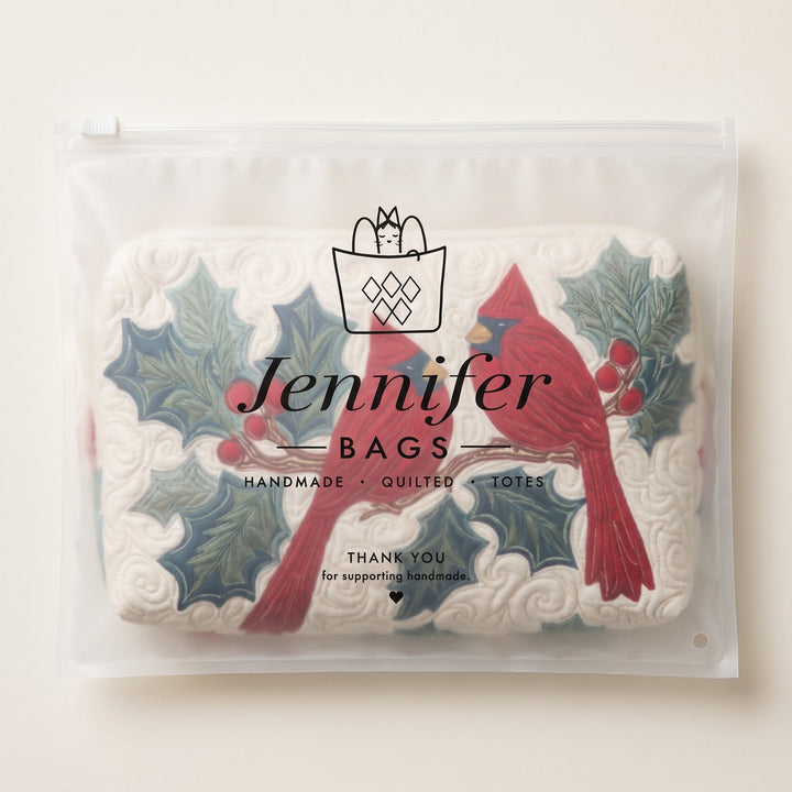 Red Feather Quilted Makeup Bag — packaged in its Jennifer Bags pouch