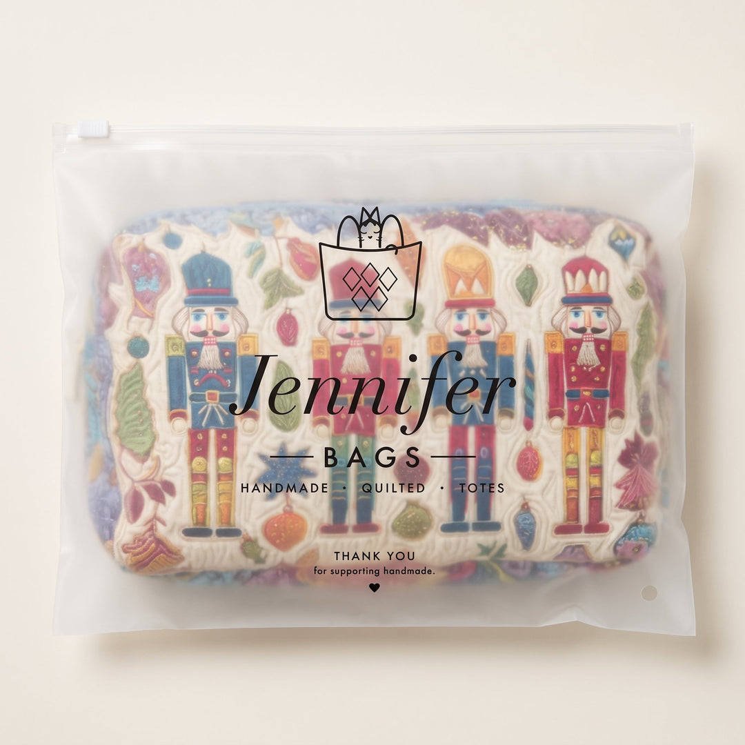 Nutcracker Glow Quilted Makeup Bag — packaged in its Jennifer Bags pouch