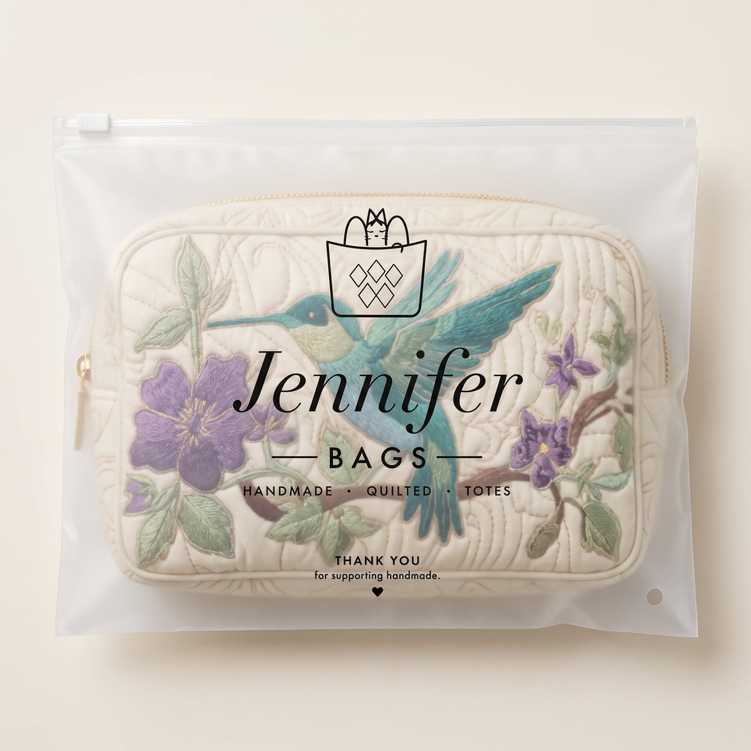 Hummingbird Bloom Quilted Makeup Bag — packaged in its Jennifer Bags pouch