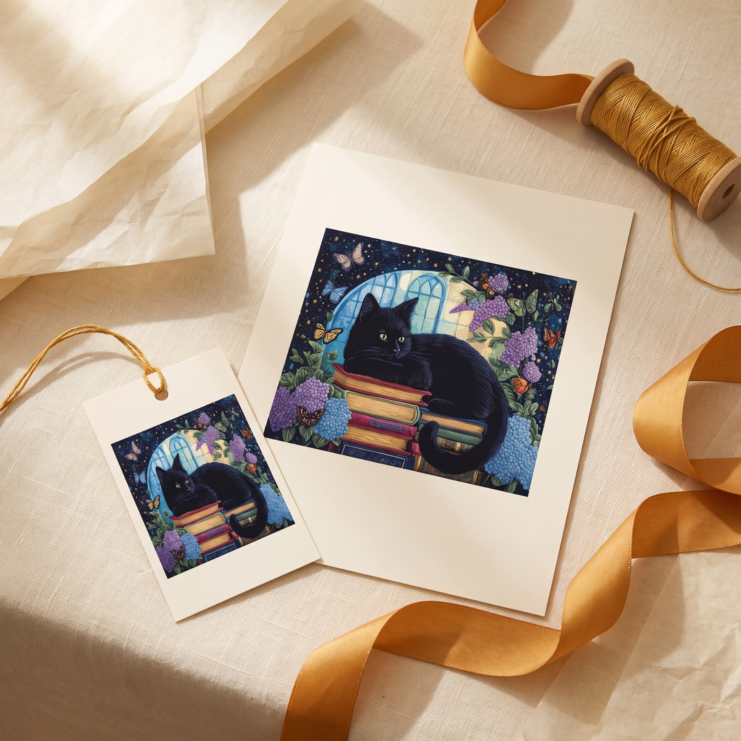 A flat parcel wrapped in cream kraft paper, tied with a dusty-berry ribbon and a blank cream gift tag