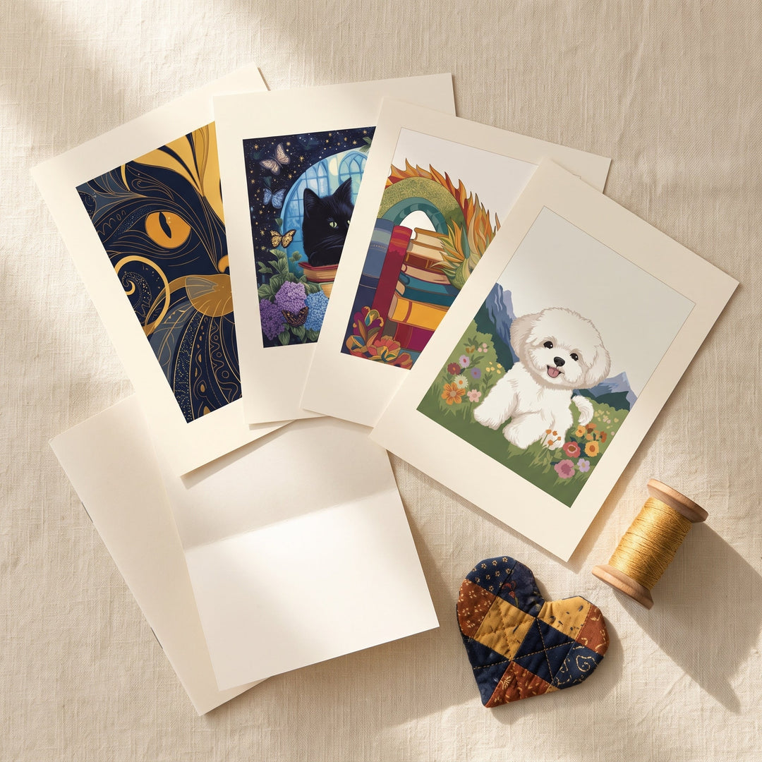 The keepsake set: four printable art prints of the bestselling bag artworks fanned on cream linen with the letter, care guide and a quilted heart